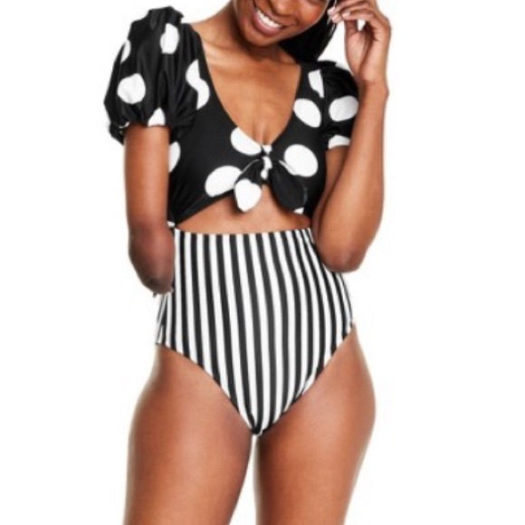 NEW! TABITHA BROWN x Target One Piece Swimsuit Puff Sleeve Polka Dot Stripes - Picture 2 of 10